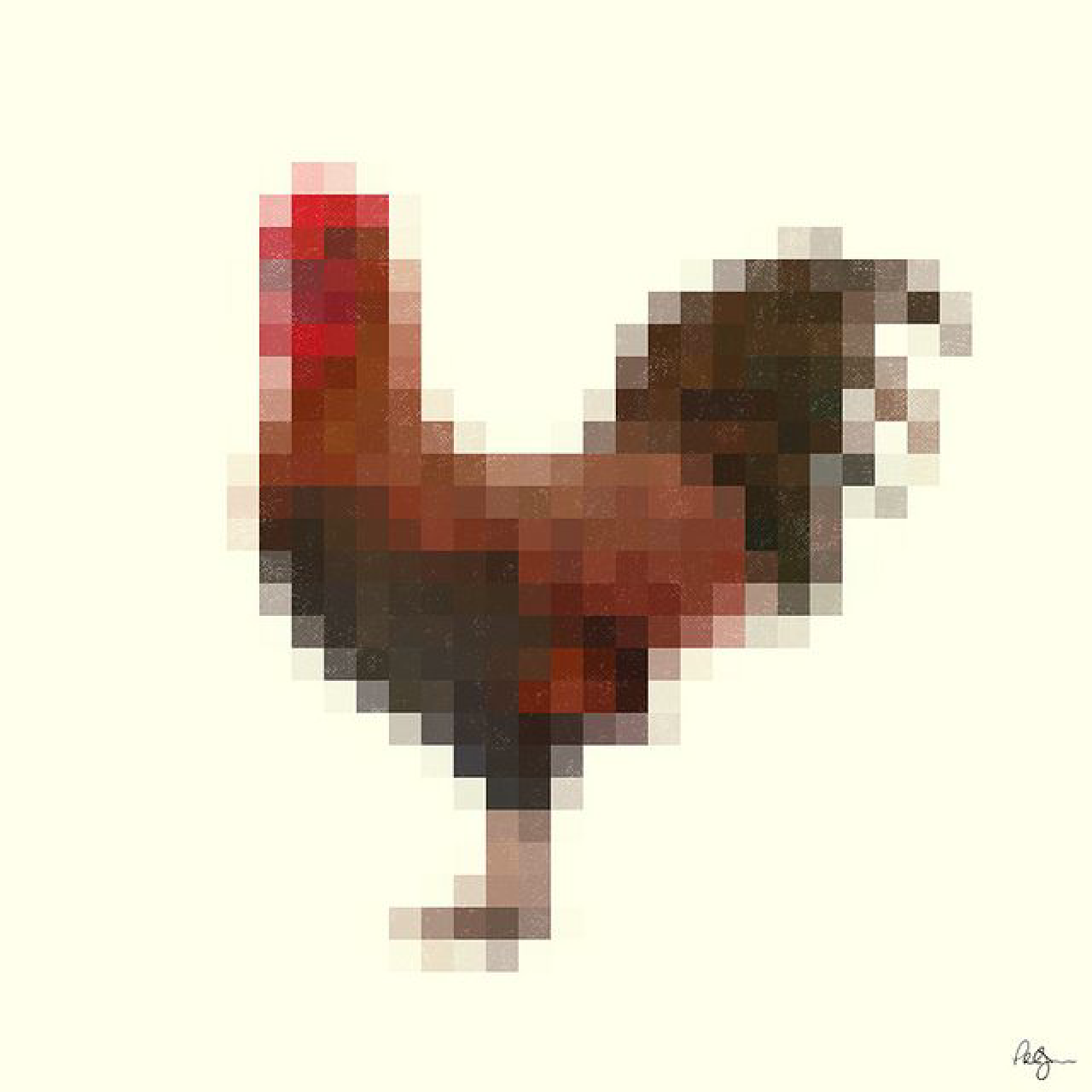 A rooster in pixel art on a cream ground